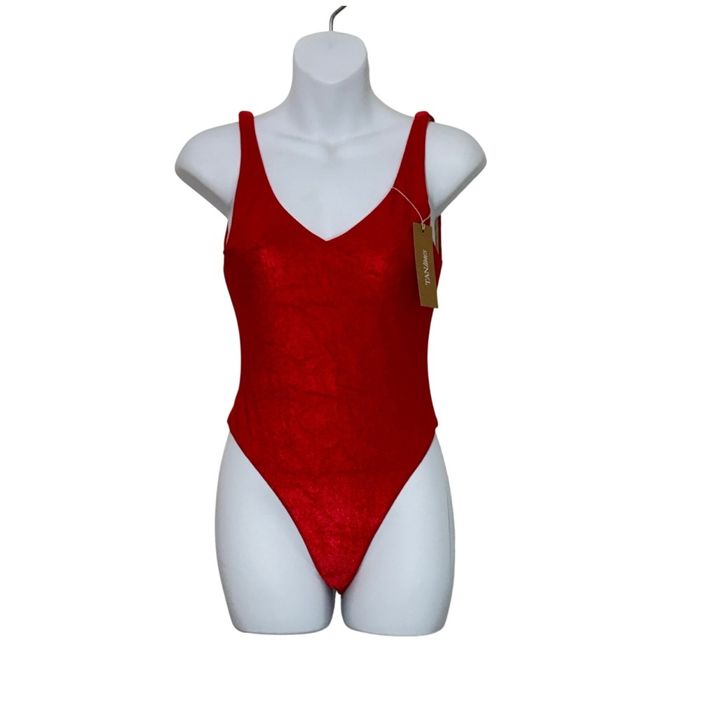 TAN lines Swimsuit Womens Medium Red One Piece V-Neck High Cut Shimmer